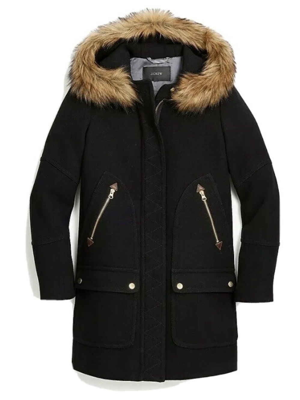 J. Crew Black Wool Pea Coat with Faux Fur Trim NWT